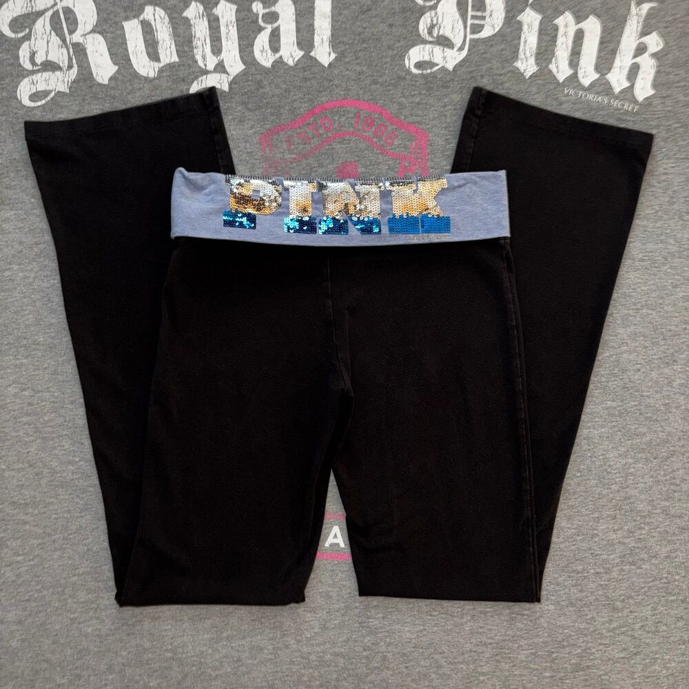 Victoria’s Secret PINK Blue & Silver Sequin Bling Foldover Flare Leggings MD